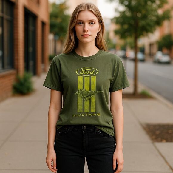 Gildan‎ Heavy Cotton Ford Mustang Tee Olive Lime Green Sz S Women's Men's - Picture 2 of 6